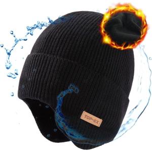 imageTOPEX Oversized XL XXL Mens 50 Merino Wool Ear Flap Fleece Lined Cold Weather Ski Running Beanies Hats Big Hat95568black