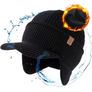imageTOPEX XLXXL 50 Merino Wool Brim Beanie with Ear Flaps Fleece Lined for All Weather WaterproofBlack Waterproof