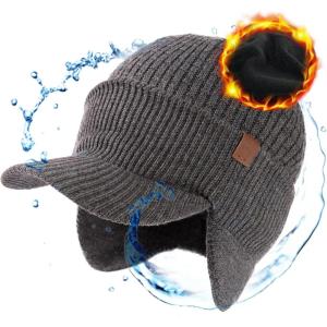 imageTOPEX XLXXL 50 Merino Wool Brim Beanie with Ear Flaps Fleece Lined for All Weather WaterproofGrey Waterproof