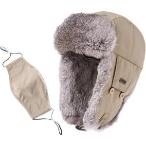 imageComhats Winter 100 Rabbit Fur Lined Russian Ushanka Earflap Trapper Hat Trooper69185beige