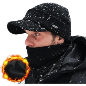 imageTOPEX Oversized XL XXL Winter 2 Piece Wool Knitted Hat ampamp Scarf Set For Men Visor Beanie Ear Flap Fleece Lined Cold WeatherTe69311black