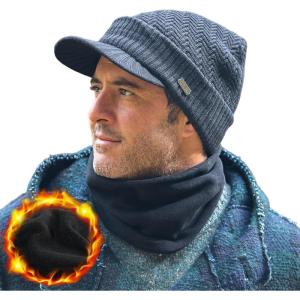 imageTOPEX Oversized XL XXL Winter 2 Piece Wool Knitted Hat ampamp Scarf Set For Men Visor Beanie Ear Flap Fleece Lined Cold WeatherTe69311navy