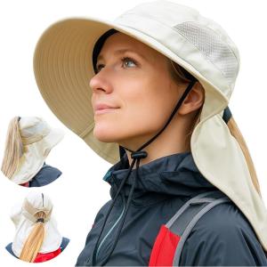 imageWomens Flap Ponytail UV 50 Packable Mesh Sun Fishing Beach Hiking Oversized XL XXL HatBeige