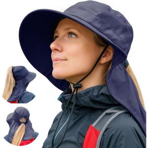 imageWomens Flap Ponytail UV 50 Packable Mesh Sun Fishing Beach Hiking Oversized XL XXL HatNavy