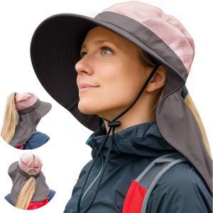 imageWomens Flap Ponytail UV 50 Packable Mesh Sun Fishing Beach Hiking Oversized XL XXL HatPink