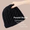 imageChicPony Merino Wool Blend Messy Bun Ponytail Hole Fleece Lined Beanie Winter Hat Big Head WomenBlackpony