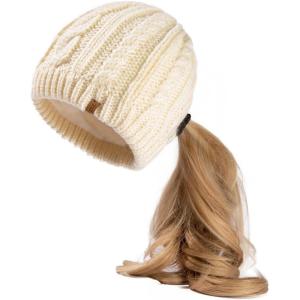 imageChicPony Merino Wool Blend Messy Bun Ponytail Hole Fleece Lined Beanie Winter Hat Big Head WomenBeigepony