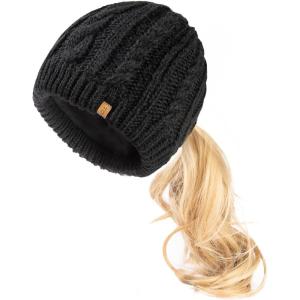 imageChicPony Merino Wool Blend Messy Bun Ponytail Hole Fleece Lined Beanie Winter Hat Big Head WomenBlackpony