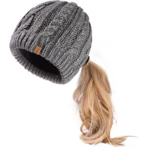 imageChicPony Merino Wool Blend Messy Bun Ponytail Hole Fleece Lined Beanie Winter Hat Big Head WomenGreypony