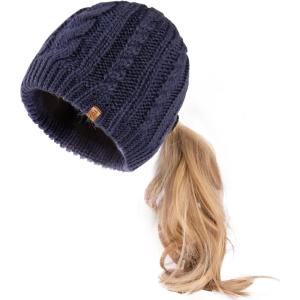 imageChicPony Merino Wool Blend Messy Bun Ponytail Hole Fleece Lined Beanie Winter Hat Big Head WomenMidnight Bluepony