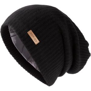 imageOversize LXLXXL Merino Wool Satin Lined Slouchy Beanie Big Large Head Knit HatBlacksatin
