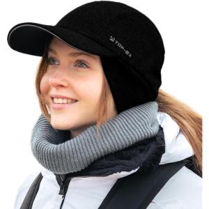 imageTOPEX MLXL Unisex WaterRepellent Baseball Cap with Ear Flap Ponytail Hole Reflective Winter Hat Fleece Lining HatBlack
