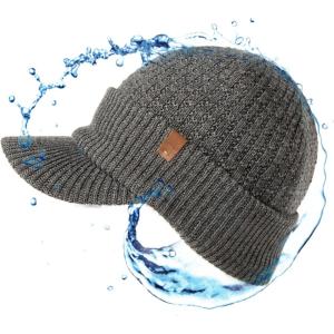 imageTOPEX Waterproof Visor Beanie Hat for Men Winter Knit Skull Stocking Cap with Brim Women Merino Wool ampamp Fleece Lined ampamp Water Proof Headwear for Cold Weather Gray Medium Large