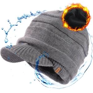 imageTOPEX Winter Waterproof Merino Wool Visor Beanie Hat with Brim for Men Women Stocking Warm Fleece LinedGrey584