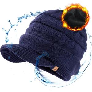 imageTOPEX Winter Waterproof Merino Wool Visor Beanie Hat with Brim for Men Women Stocking Warm Fleece LinedNavyblue584