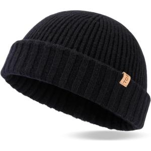 imageTOPEX XLXXL 100 Merino Wool Short Fisherman Beanie Hats for Men Women Knit Skull Cap Cuffed Beanies Warm Winter HatsBlack
