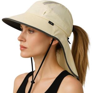 imageTOPEX LXL Ponytail Sun Hats for Women with Neck Flap UPF 50 Wide Brim Summer Hat Sunglass Lock Waterproof PackableBeige