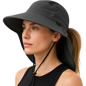 imageTOPEX LXL Ponytail Sun Hats for Women with Neck Flap UPF 50 Wide Brim Summer Hat Sunglass Lock Waterproof PackableDark Grey