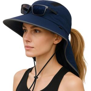 imageTOPEX LXL Ponytail Sun Hats for Women with Neck Flap UPF 50 Wide Brim Summer Hat Sunglass Lock Waterproof PackableNavy Blue