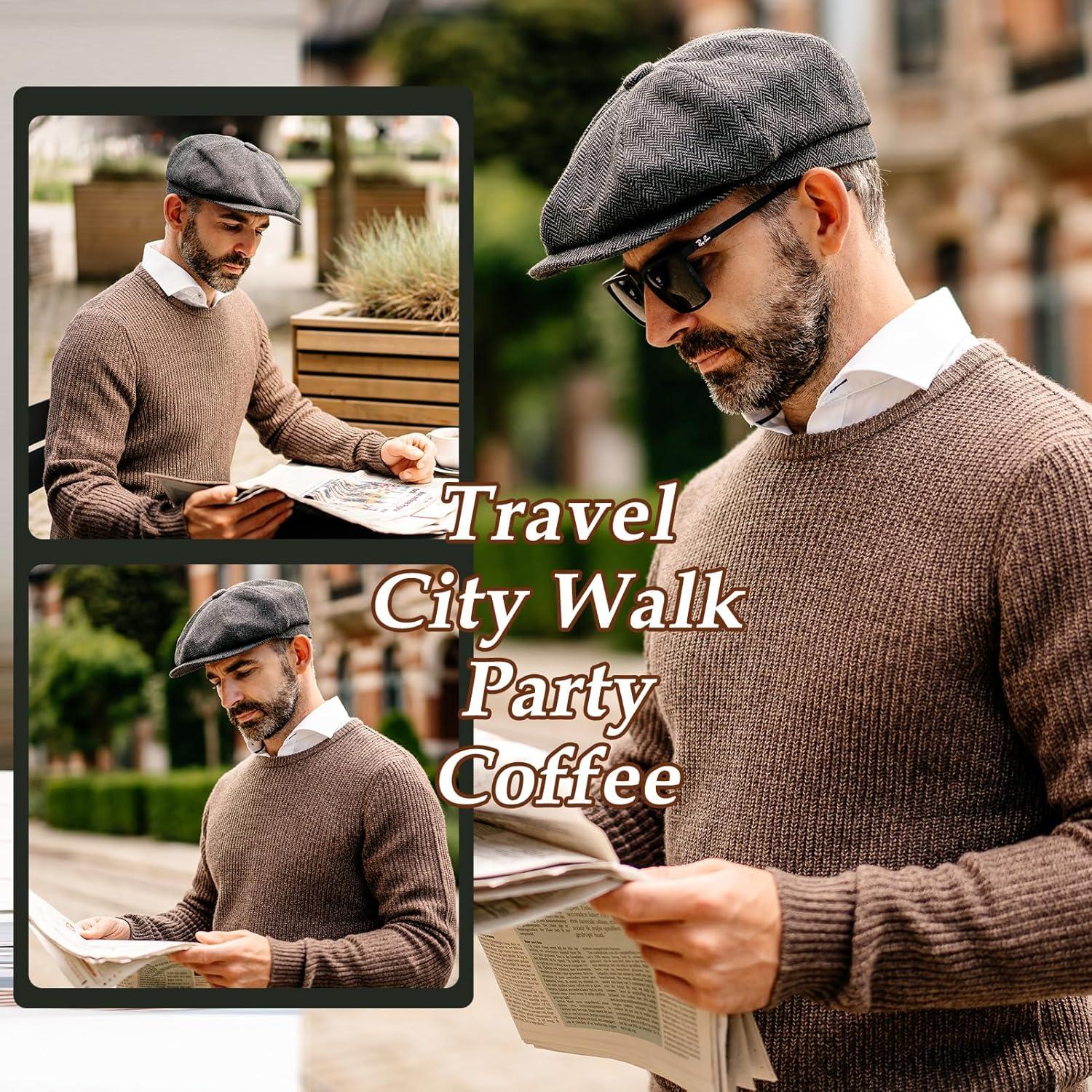 imageTOPEX LXLXXL Wool Tweed Newsboy Cap for Men Paperboy Warm Winter Hat Vintage Flat Ivy Cabbie Gatsby CapGrey Herringbone