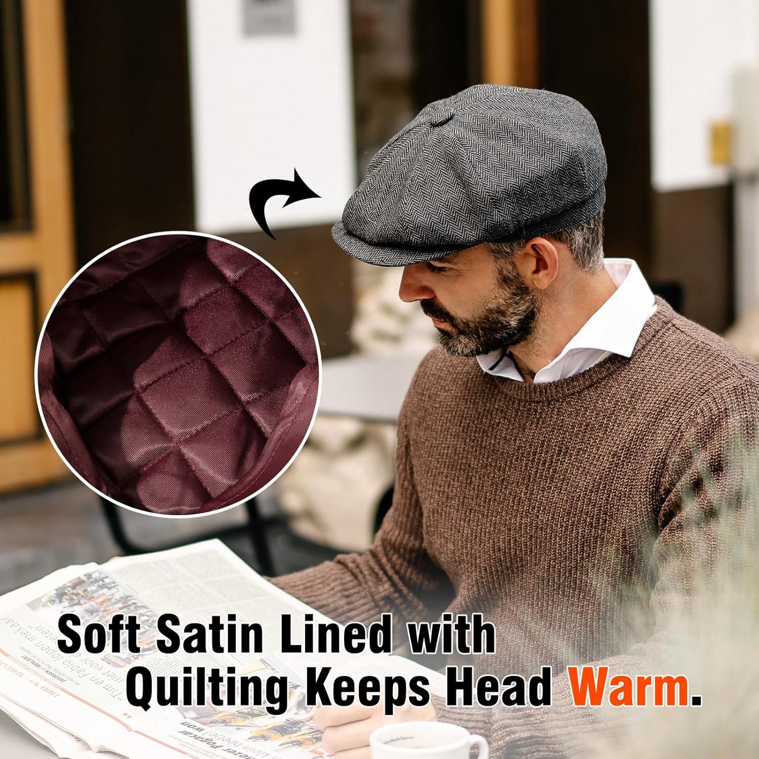 imageTOPEX LXLXXL Wool Tweed Newsboy Cap for Men Paperboy Warm Winter Hat Vintage Flat Ivy Cabbie Gatsby CapGrey Herringbone