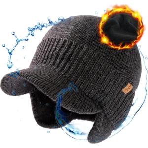 imageTOPEX DryKnit XLXXL 80 Merino Wool Waterproof Brim Beanie with Ear Flaps Fleece Lined Hat for Cold WeatherGrey Waterproof