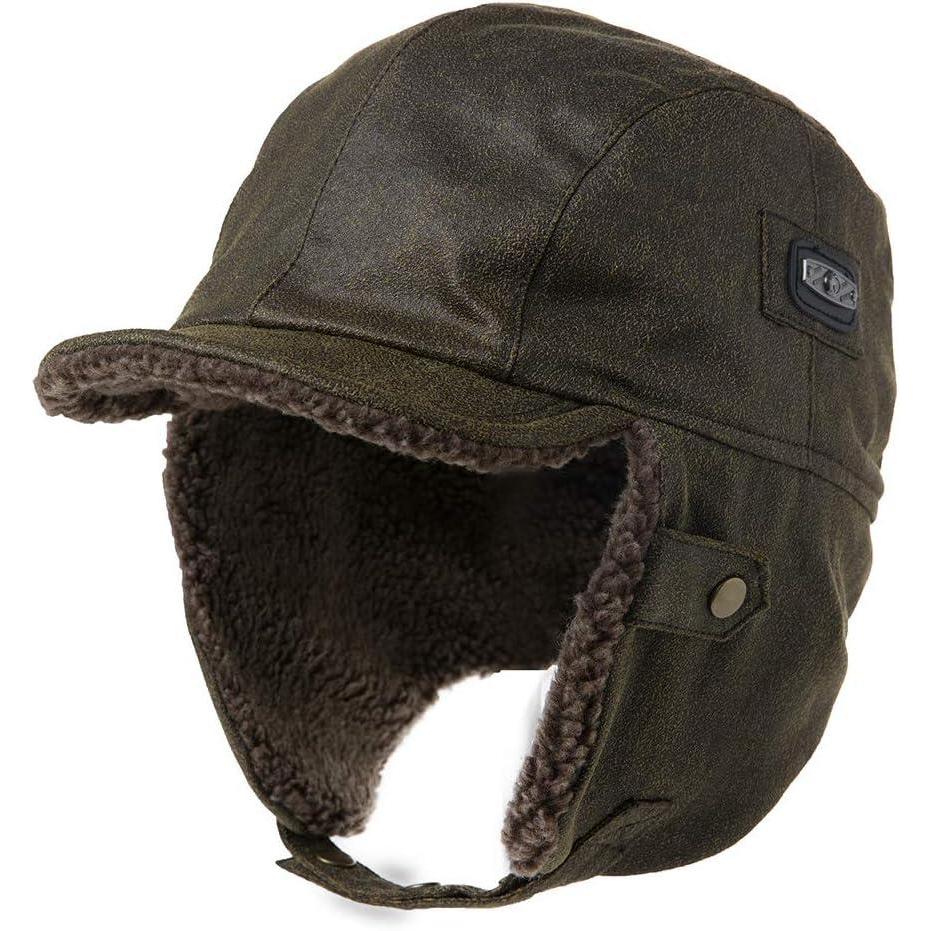 imageComhats Aviator Hat Faux Leather Pilot Cap Oversize Adult Men Winter Trapper Hunting Hat 5666CMArmy Green