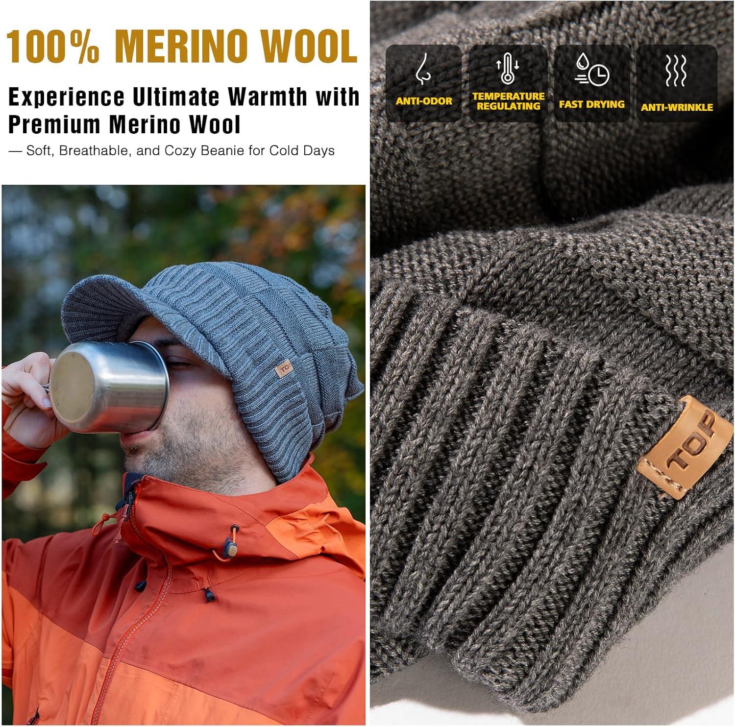 imageOversize LXLXXL Merino Wool Slouchy Waterproof Visor Beanie Big Large Head Knit HatBlack