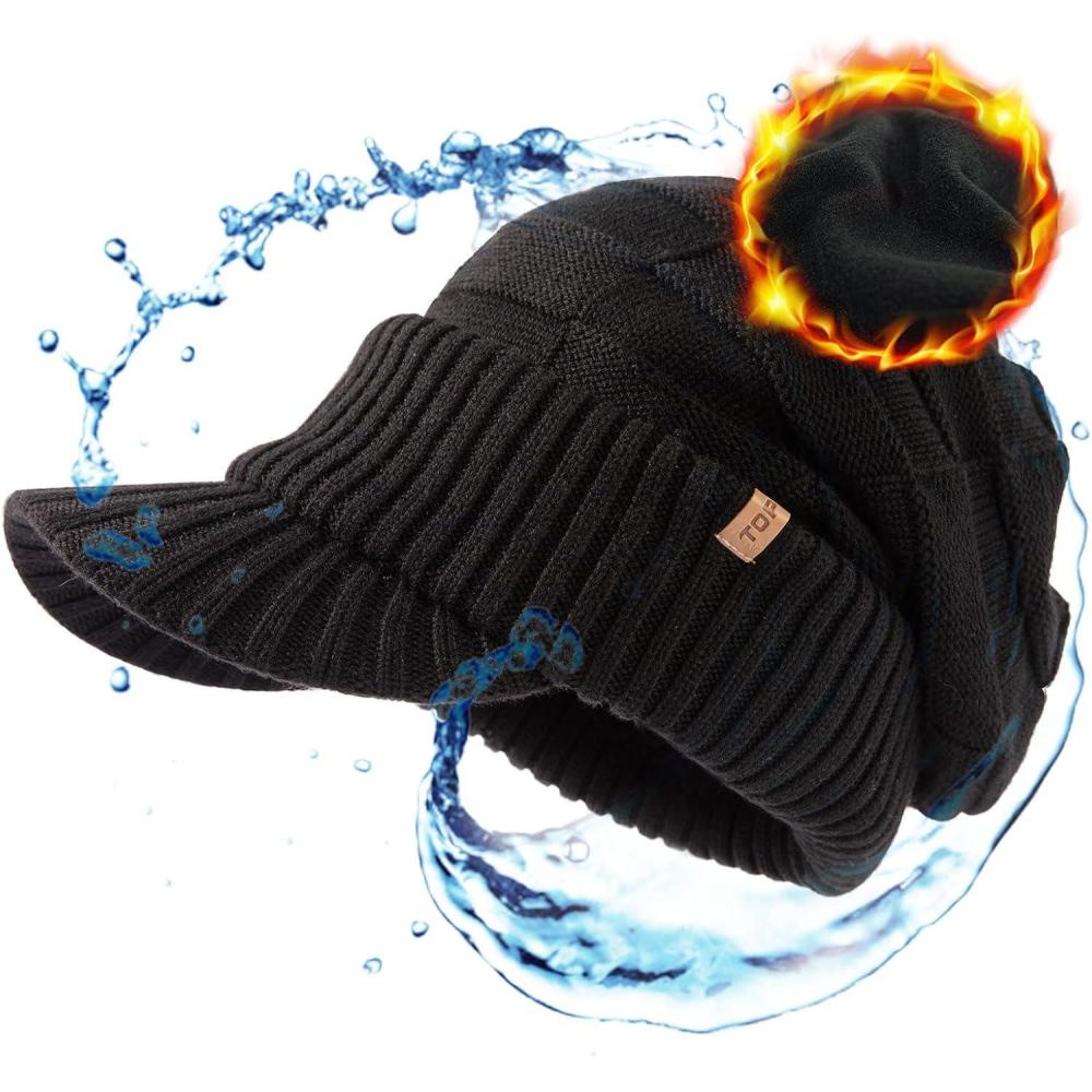 imageOversize LXLXXL Merino Wool Slouchy Waterproof Visor Beanie Big Large Head Knit HatBlack