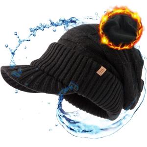 imageOversize LXLXXL Merino Wool Slouchy Waterproof Visor Beanie Big Large Head Knit HatBlack