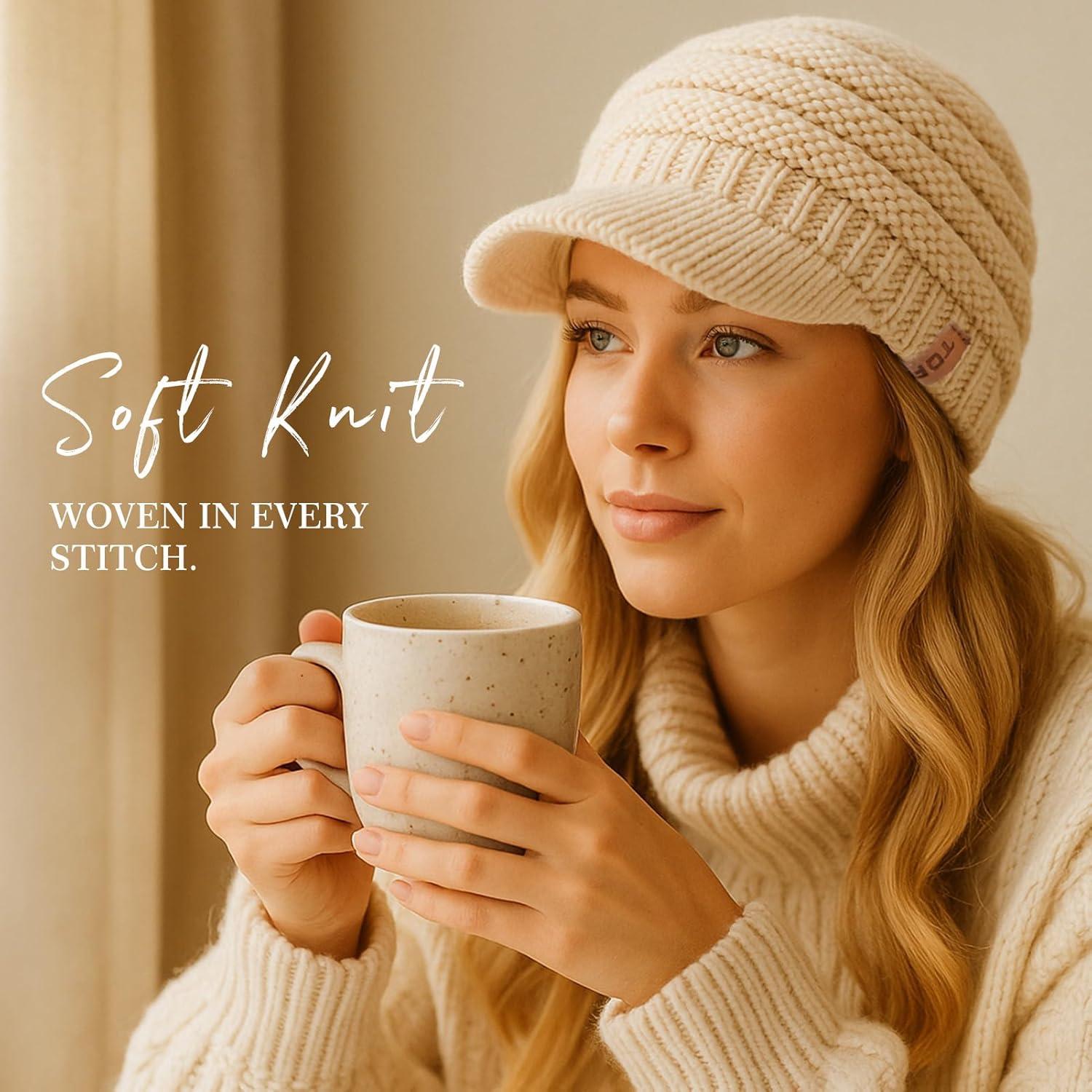 imageTOPEX ChicPony Hidden Ponytail Beanie for Women with Brim Icelandic Wool Knit Hat Fleece Lined Warm Winter HatBeige