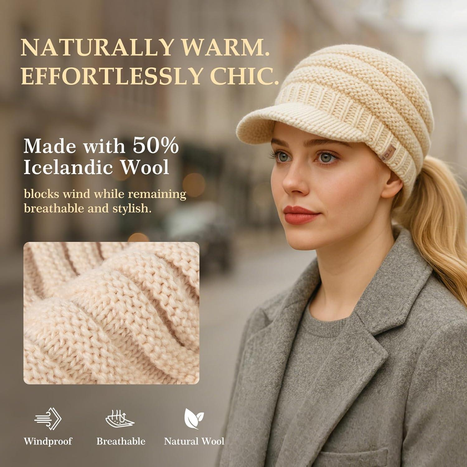 imageTOPEX ChicPony Hidden Ponytail Beanie for Women with Brim Icelandic Wool Knit Hat Fleece Lined Warm Winter HatBlack