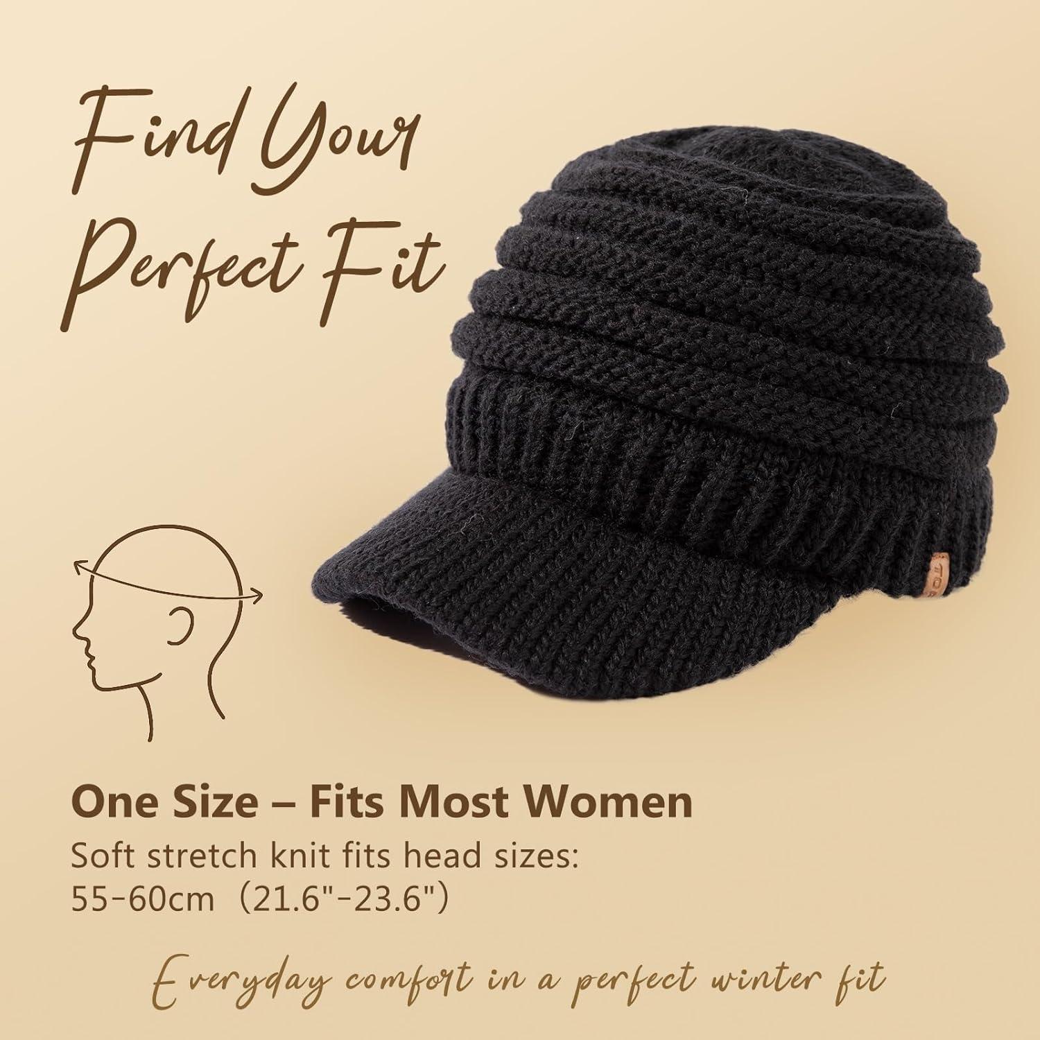 imageTOPEX ChicPony Hidden Ponytail Beanie for Women with Brim Icelandic Wool Knit Hat Fleece Lined Warm Winter HatBlack