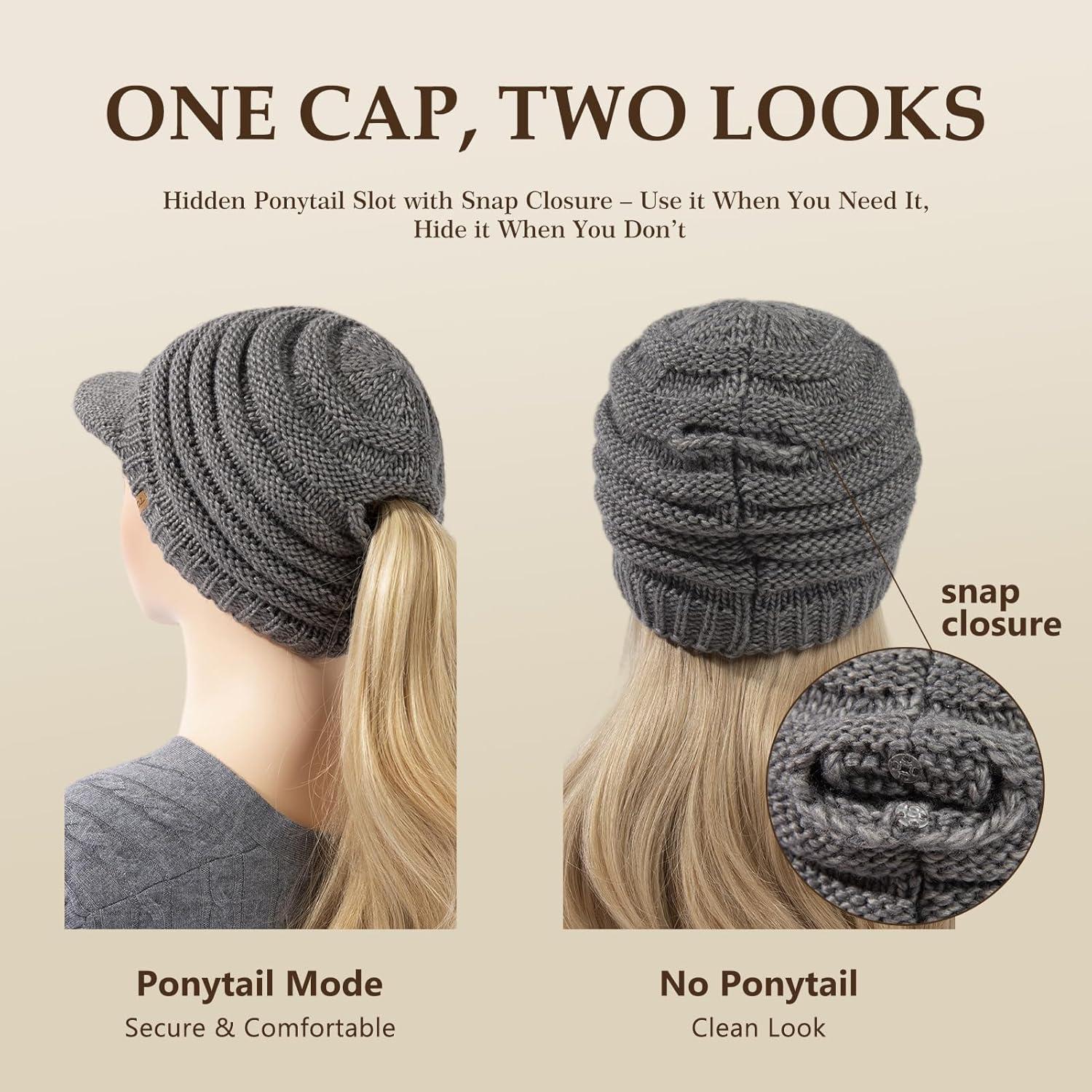 imageTOPEX ChicPony Hidden Ponytail Beanie for Women with Brim Icelandic Wool Knit Hat Fleece Lined Warm Winter HatGrey