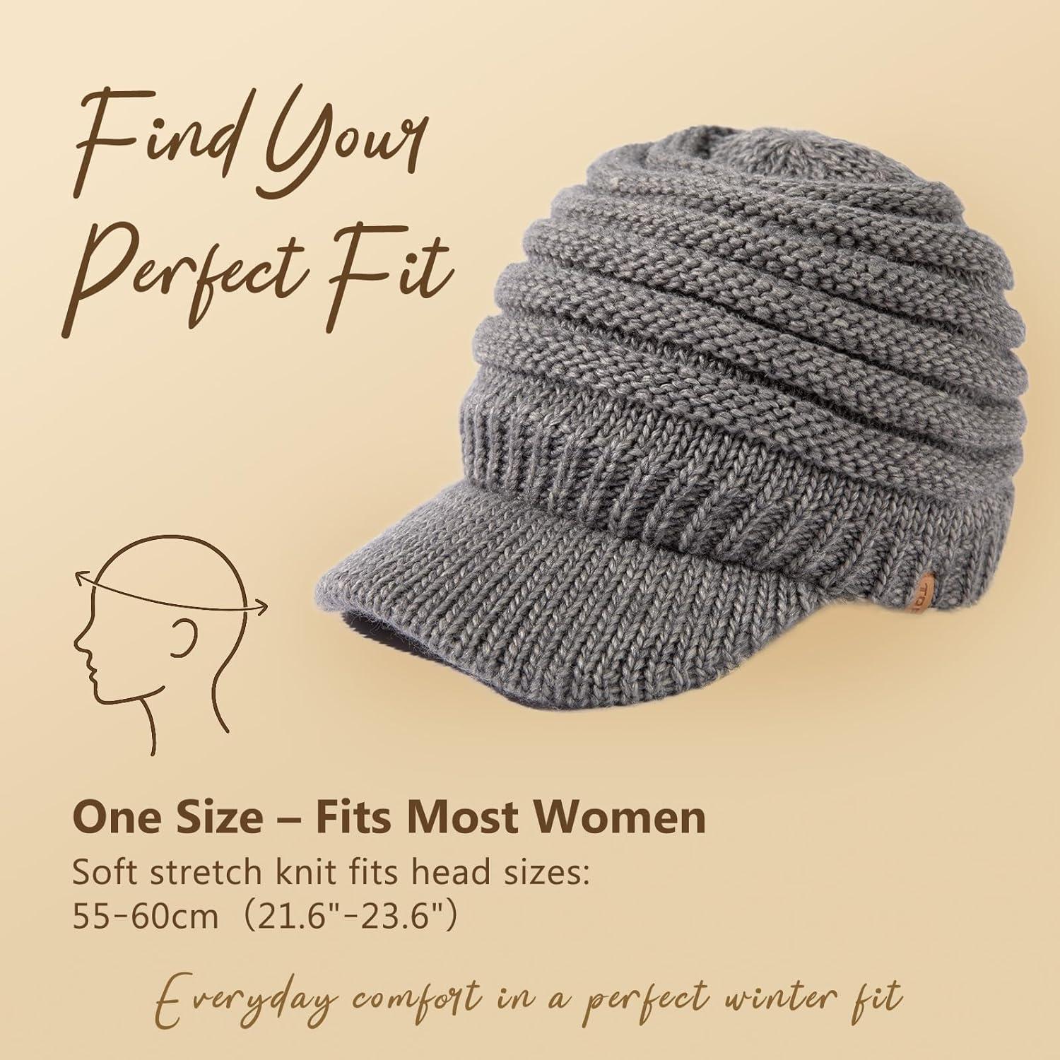 imageTOPEX ChicPony Hidden Ponytail Beanie for Women with Brim Icelandic Wool Knit Hat Fleece Lined Warm Winter HatGrey