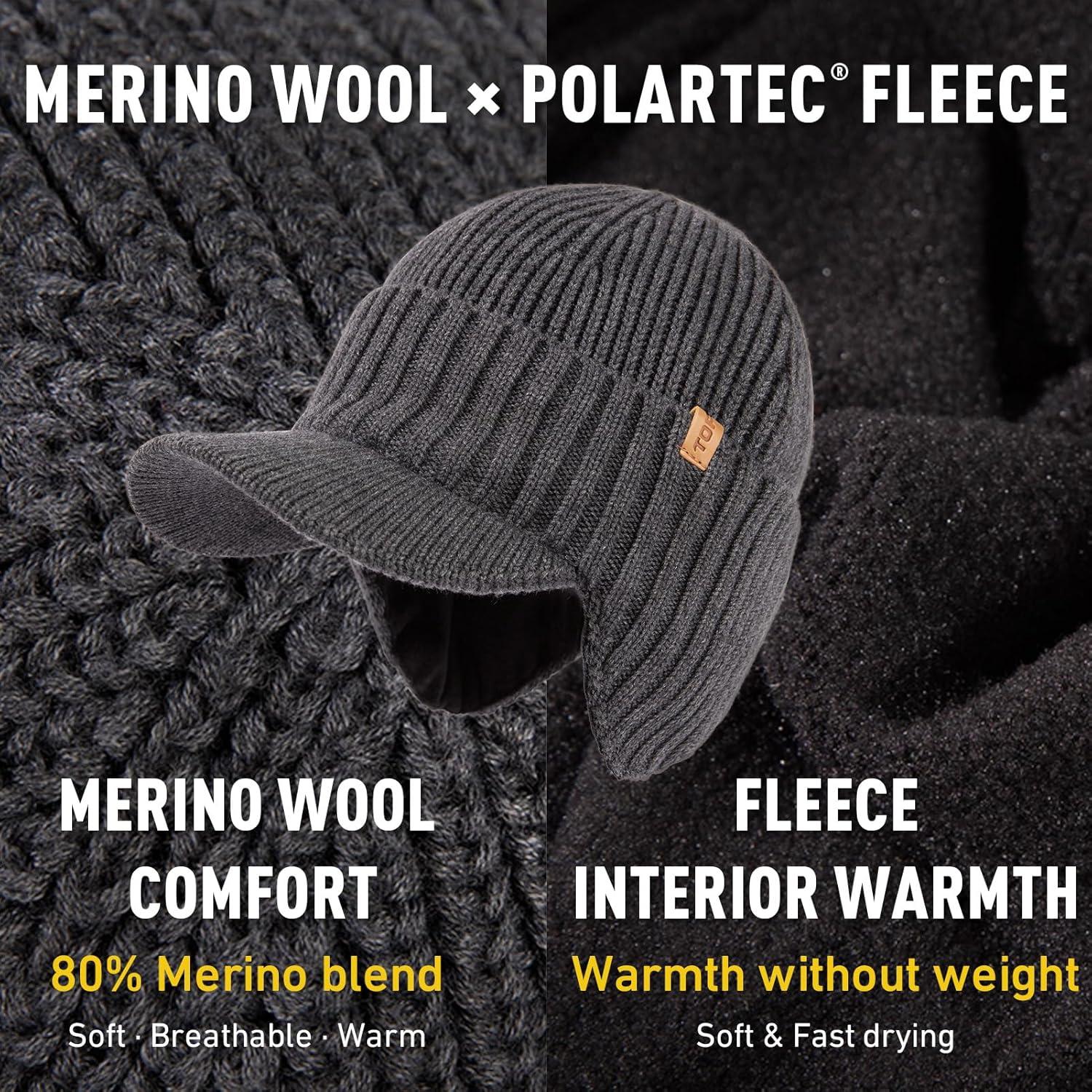 imageTOPEX DryKnit Waterproof Merino Wool Beanie Hat with Brim Ear Flaps Fleece Lined Ski Cap for Cold Weather ampamp Large HeadsBlack