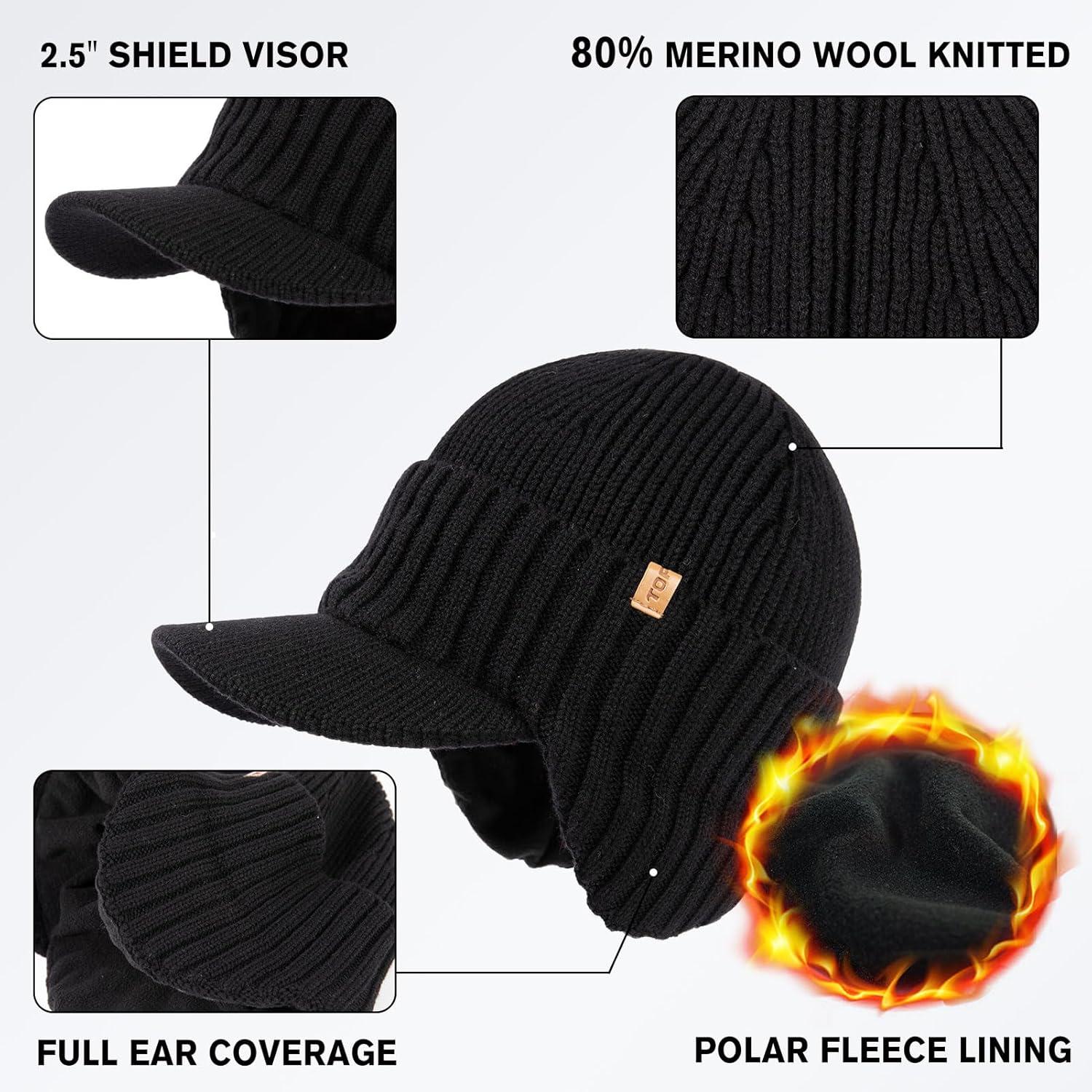 imageTOPEX DryKnit Waterproof Merino Wool Beanie Hat with Brim Ear Flaps Fleece Lined Ski Cap for Cold Weather ampamp Large HeadsBlack