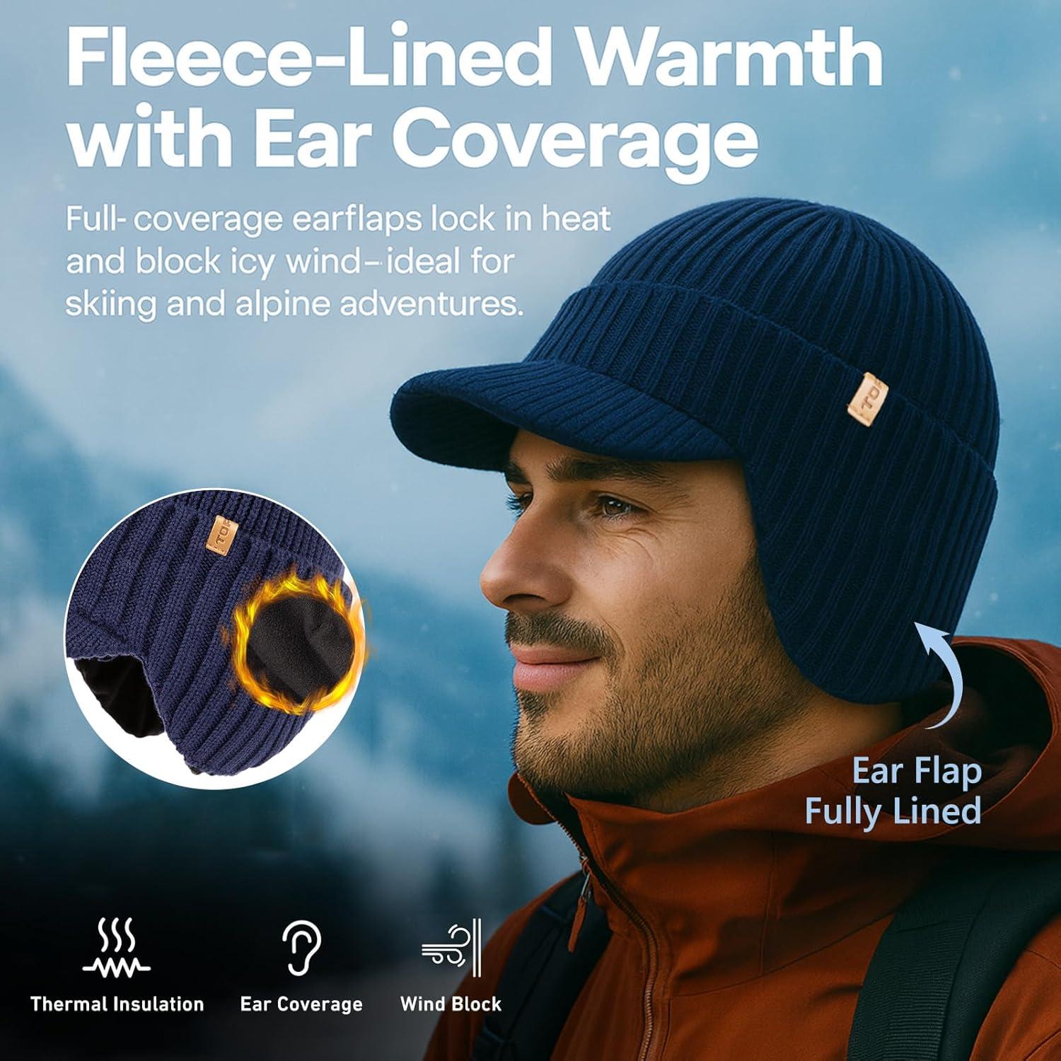 imageTOPEX DryKnit Waterproof Merino Wool Beanie Hat with Brim Ear Flaps Fleece Lined Ski Cap for Cold Weather ampamp Large HeadsBlack