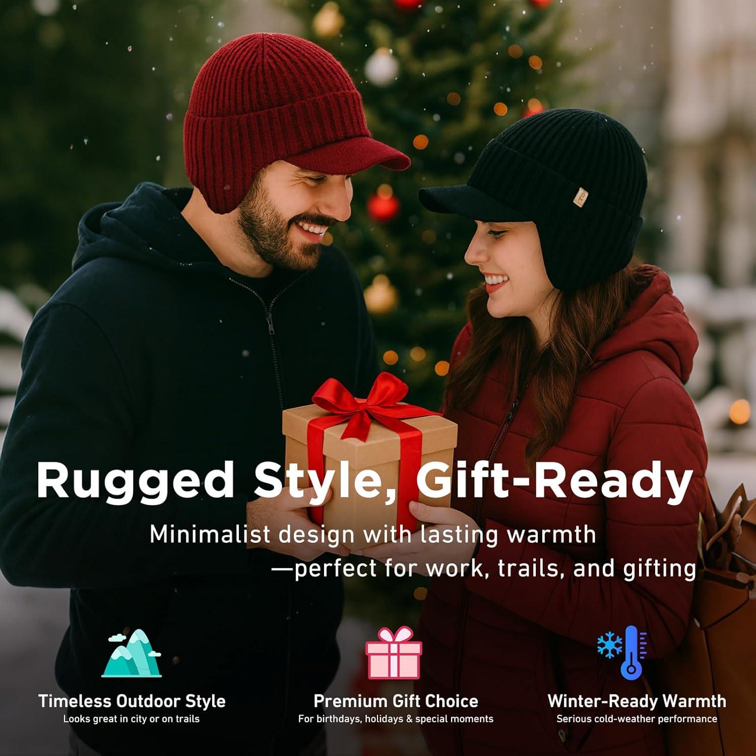 imageTOPEX DryKnit Waterproof Merino Wool Beanie Hat with Brim Ear Flaps Fleece Lined Ski Cap for Cold Weather ampamp Large HeadsBlack