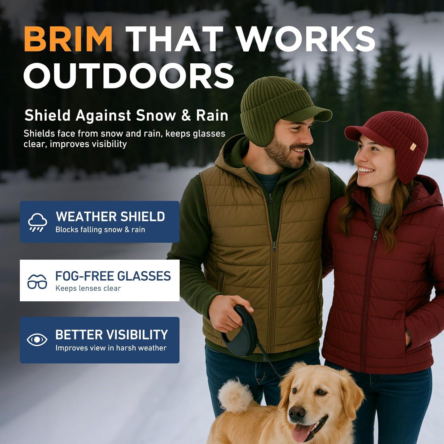 imageTOPEX DryKnit Waterproof Merino Wool Beanie Hat with Brim Ear Flaps Fleece Lined Ski Cap for Cold Weather ampamp Large HeadsBlack