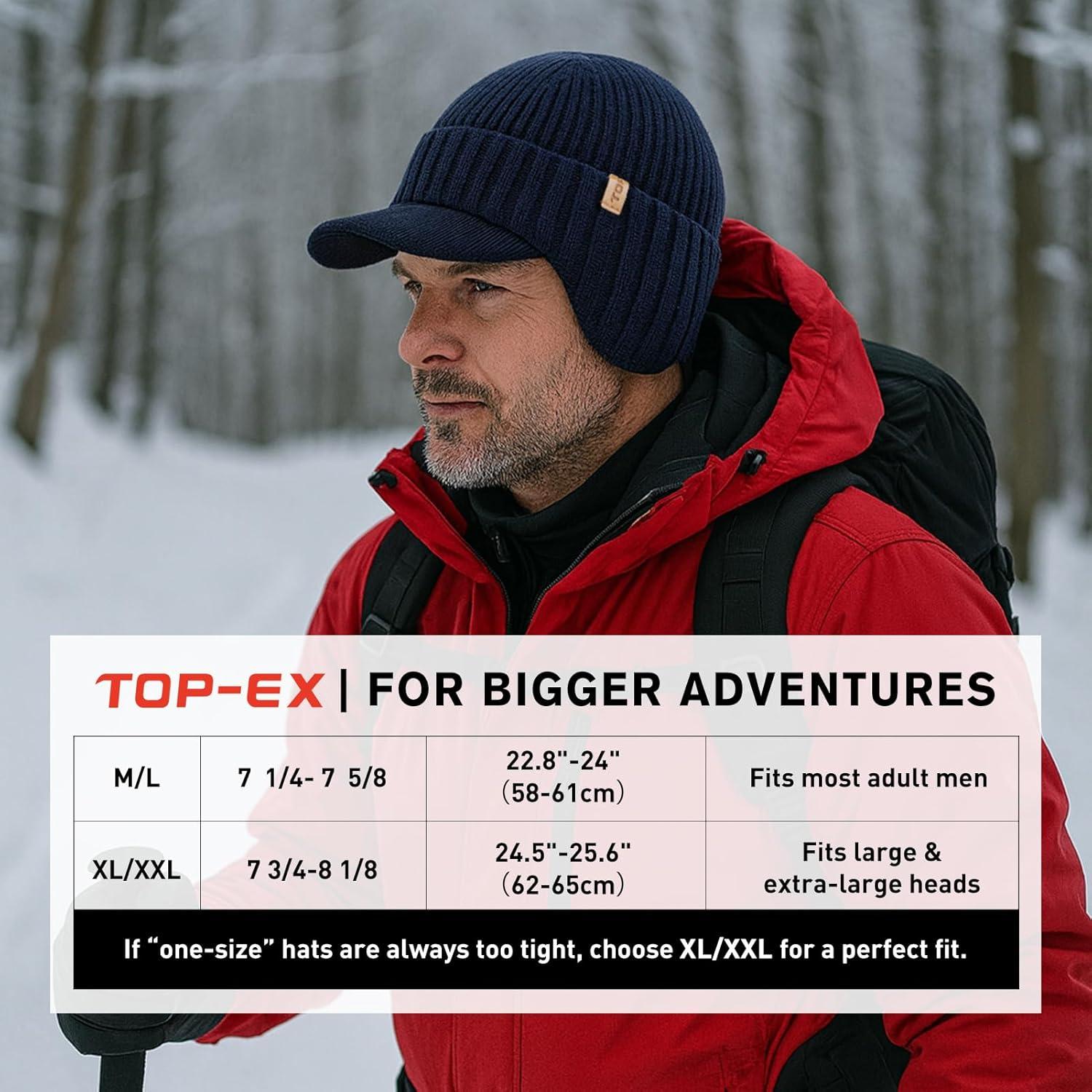 imageTOPEX DryKnit Waterproof Merino Wool Beanie Hat with Brim Ear Flaps Fleece Lined Ski Cap for Cold Weather ampamp Large HeadsBlack