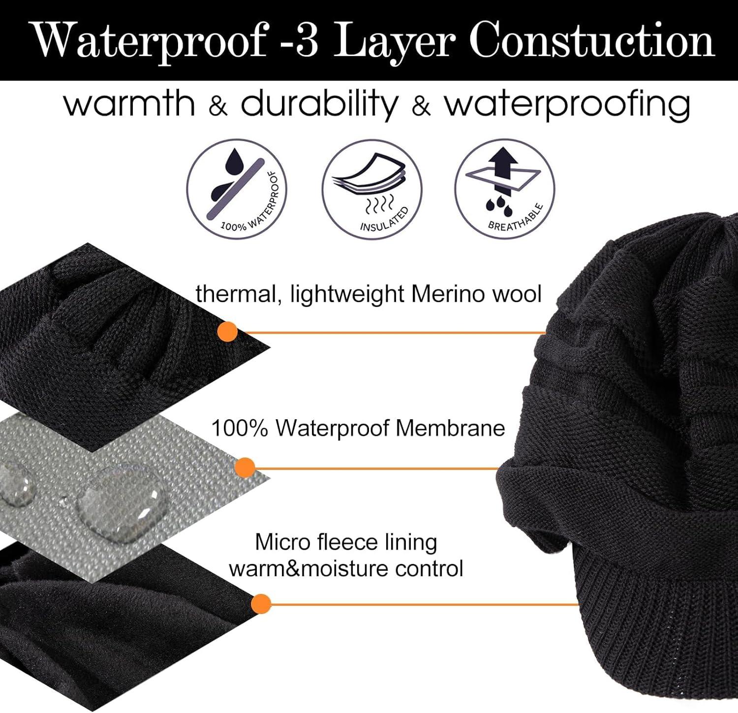 imageTOPEX DryKnit Winter Waterproof Merino Wool Visor Beanie Hat with Brim for Men Women Knit Cap Stocking Warm Fleece LinedBlack584