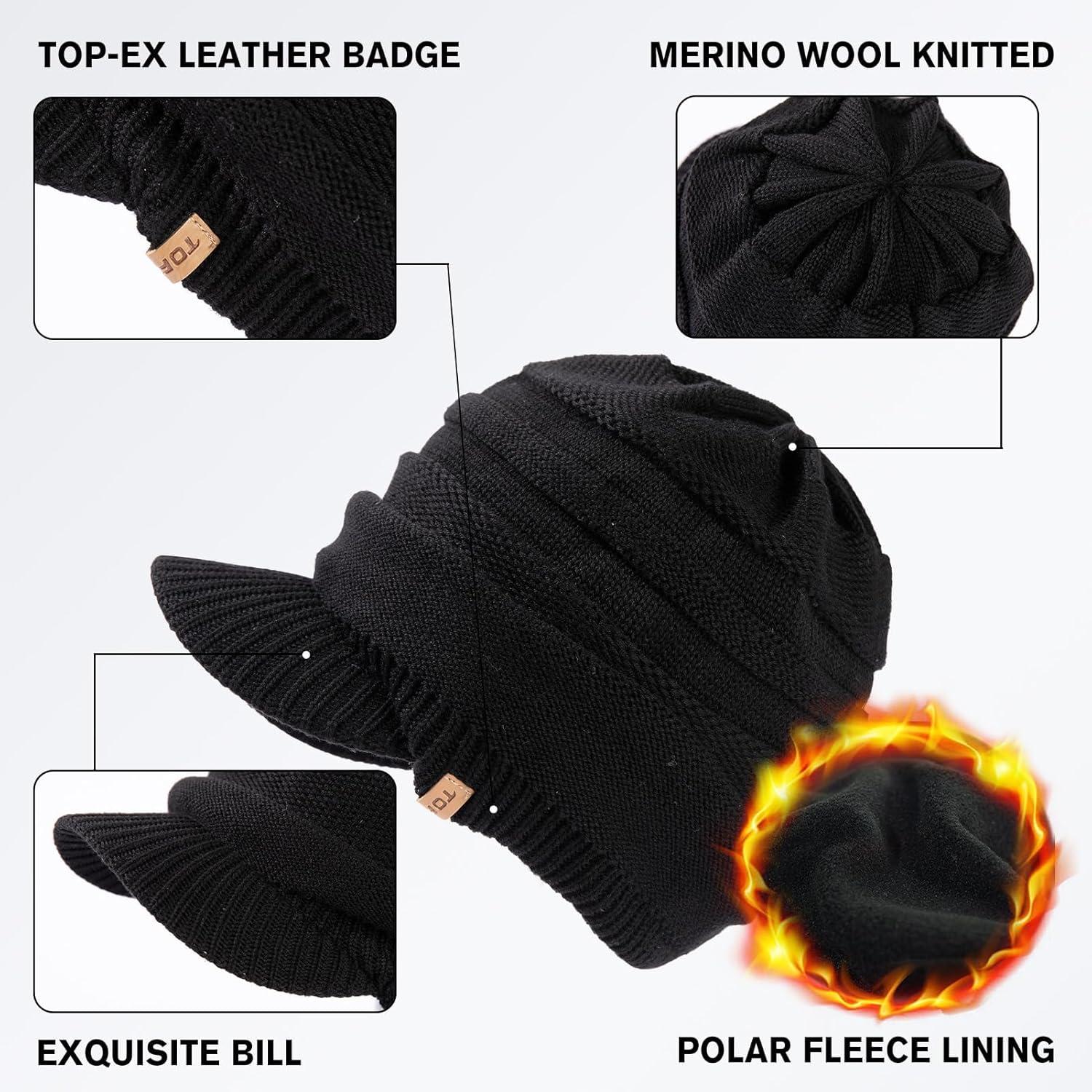 imageTOPEX DryKnit Winter Waterproof Merino Wool Visor Beanie Hat with Brim for Men Women Knit Cap Stocking Warm Fleece LinedBlack584