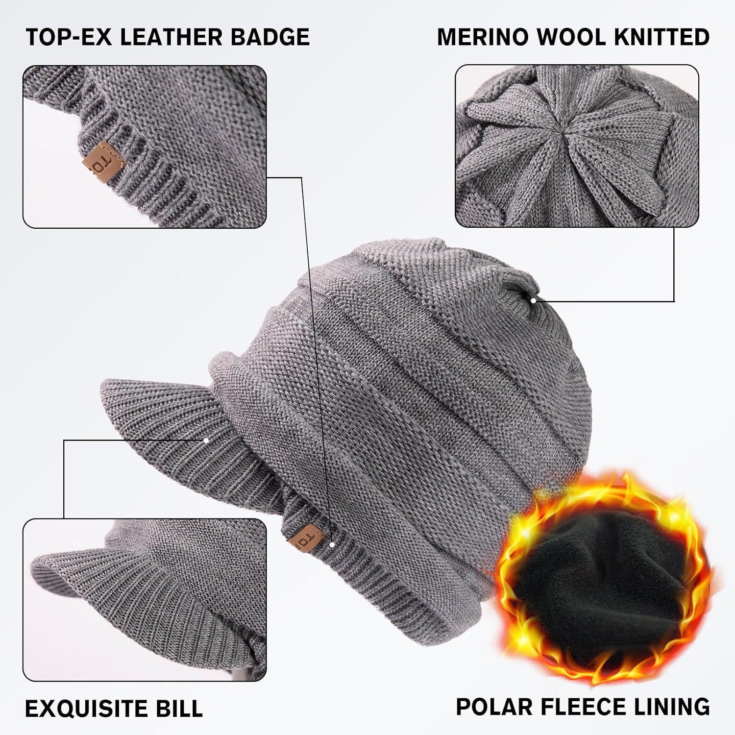 imageTOPEX DryKnit Winter Waterproof Merino Wool Visor Beanie Hat with Brim for Men Women Knit Cap Stocking Warm Fleece LinedGrey584