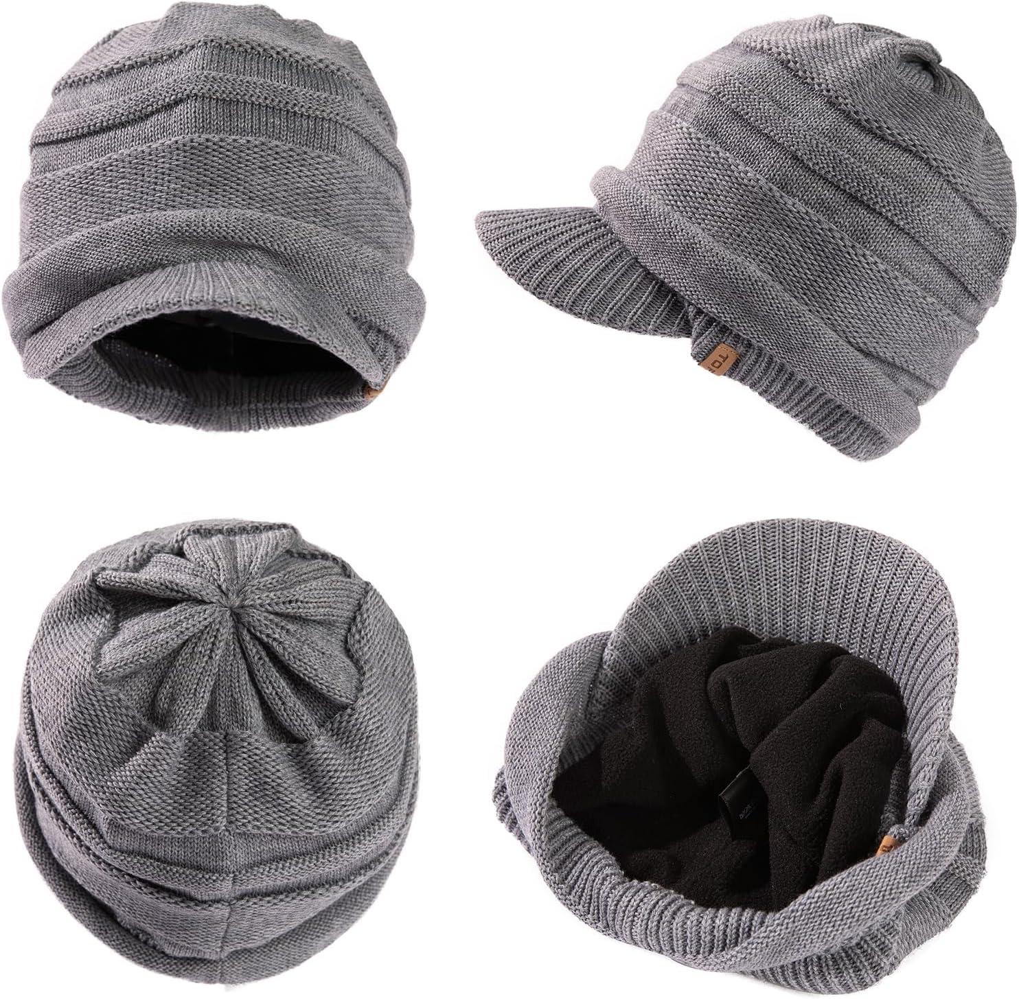 imageTOPEX DryKnit Winter Waterproof Merino Wool Visor Beanie Hat with Brim for Men Women Knit Cap Stocking Warm Fleece LinedGrey584