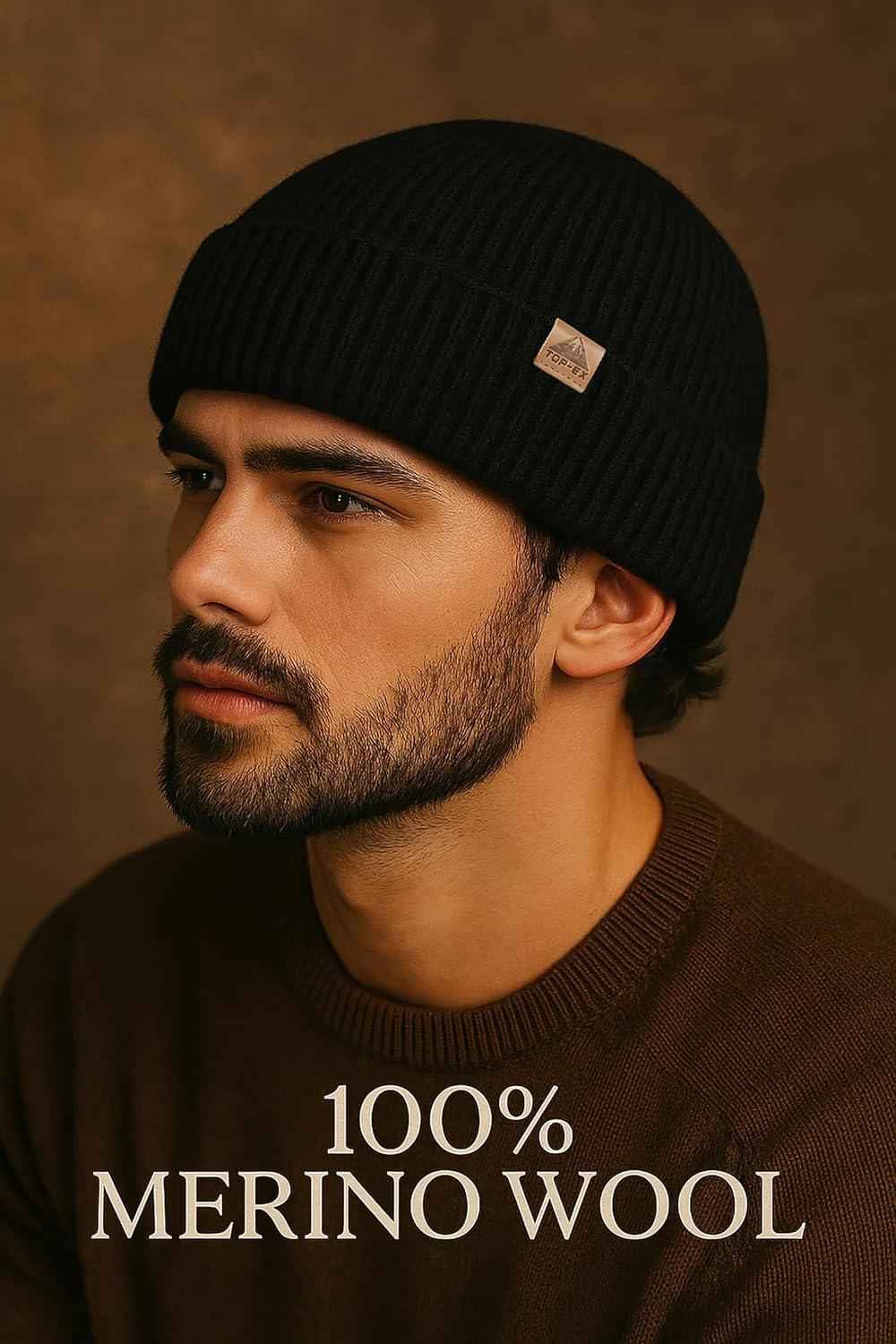 imageTOPEX PolarWool 100 Merino Wool Fisherman Beanie Hat  Soft Single Layer Warm Short Sailor Trawler Cap for Men WomenCity Black