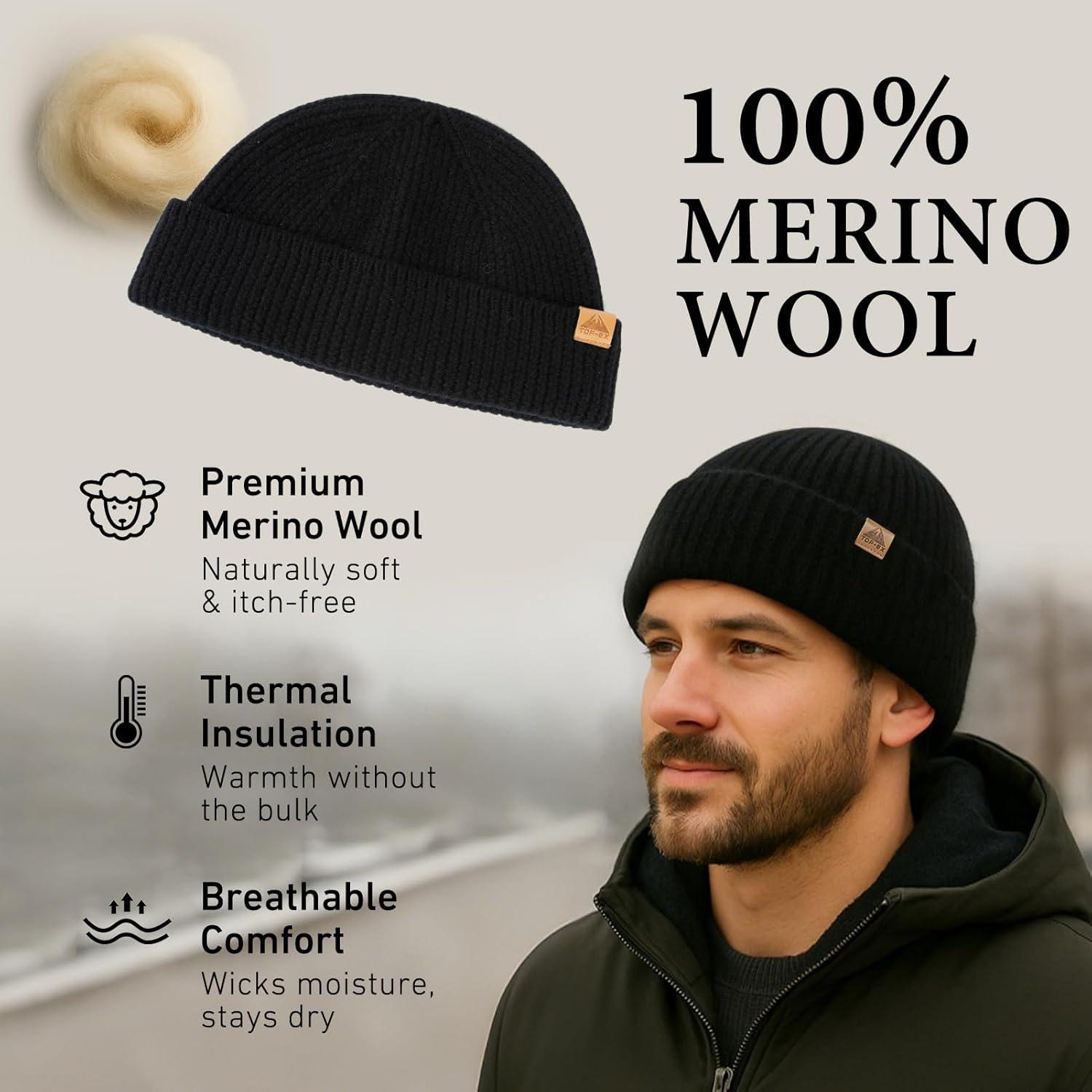 imageTOPEX PolarWool 100 Merino Wool Fisherman Beanie Hat  Soft Single Layer Warm Short Sailor Trawler Cap for Men WomenCity Black