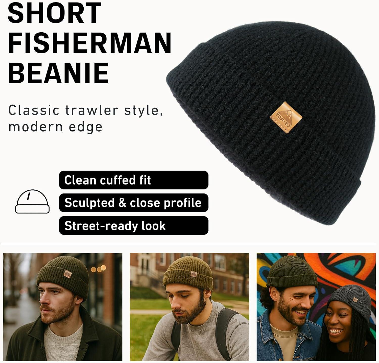 imageTOPEX PolarWool 100 Merino Wool Fisherman Beanie Hat  Soft Single Layer Warm Short Sailor Trawler Cap for Men WomenCity Black