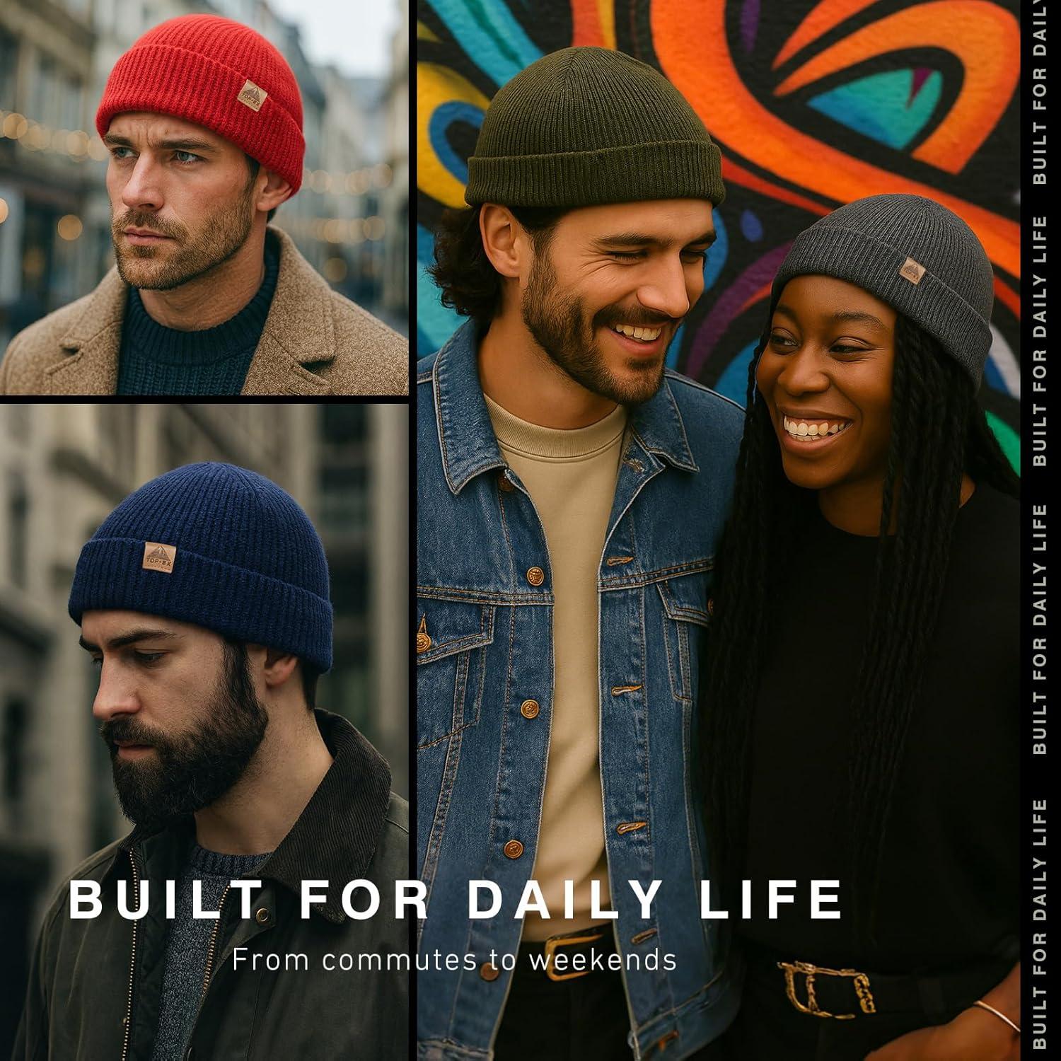 imageTOPEX PolarWool 100 Merino Wool Fisherman Beanie Hat  Soft Single Layer Warm Short Sailor Trawler Cap for Men WomenCity Black