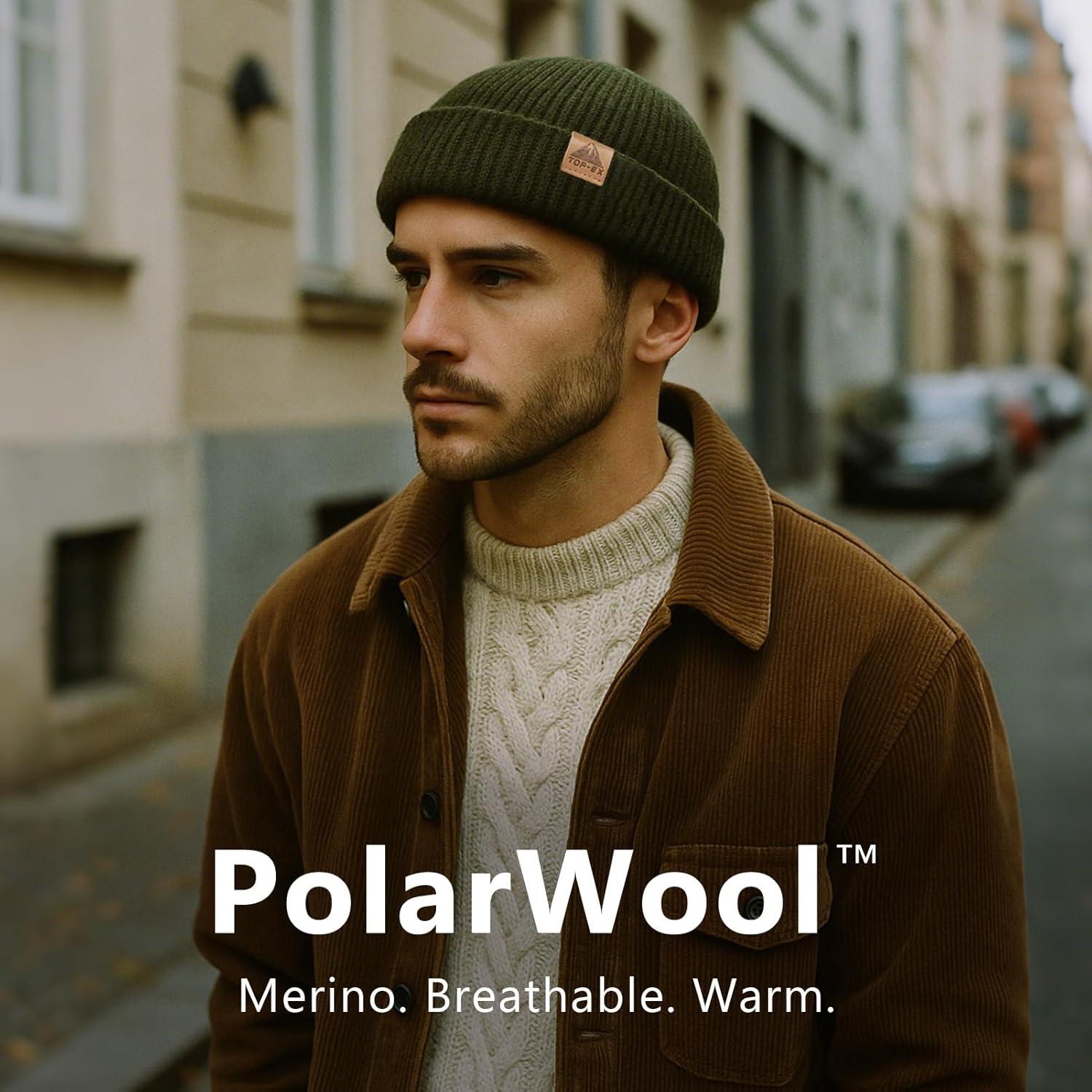 imageTOPEX PolarWool 100 Merino Wool Fisherman Beanie Hat  Soft Single Layer Warm Short Sailor Trawler Cap for Men WomenUrban Olive